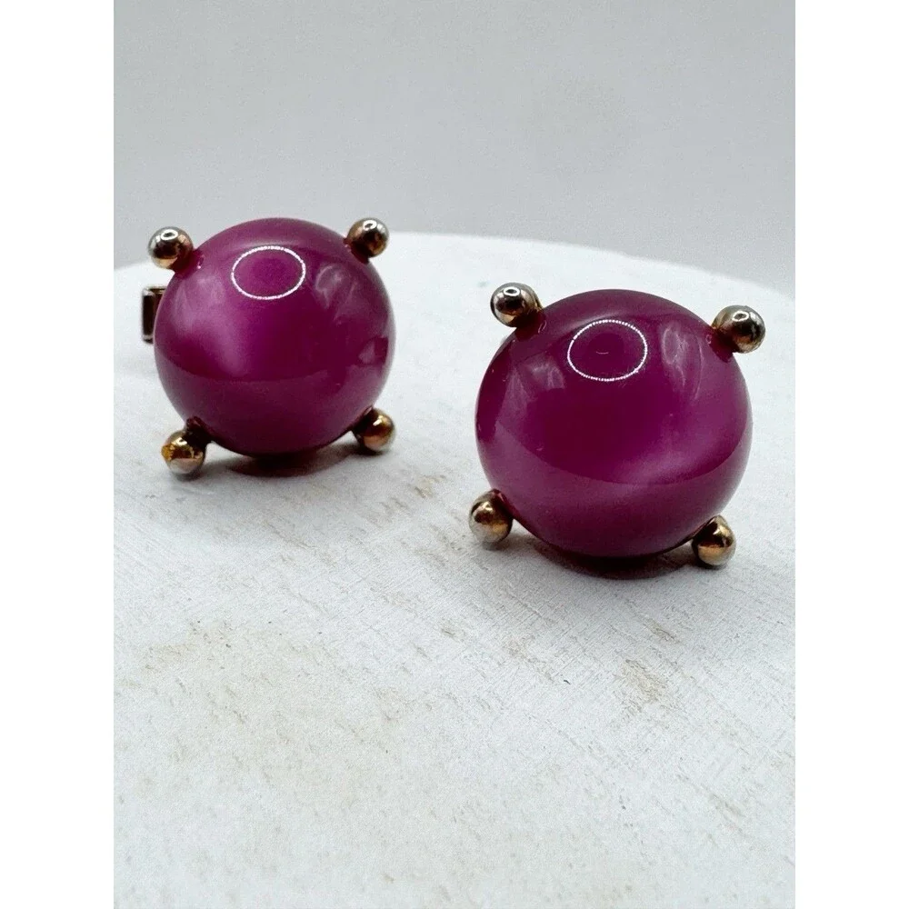Vtg Pink Moon glow Thermoset Cabochon Round Cufflinks Menswear MCM Mid Century